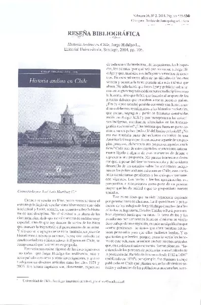 Reseña bibliográfica : Historia andina en Chile, Jorge Hidalgo L. Editorial Universitaria, Santiago, 2004, pp. 705. [artículo]