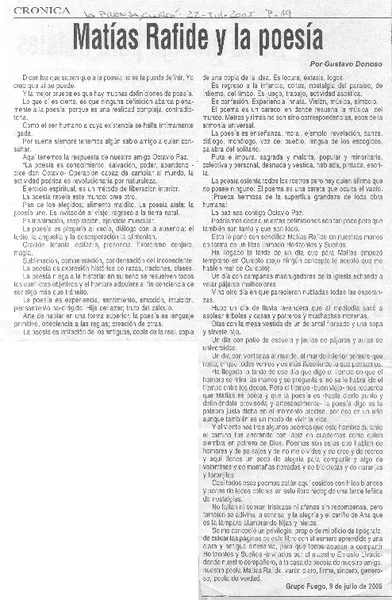 Matías Rafide y la poesía.  [artículo] Gustavo Donoso.