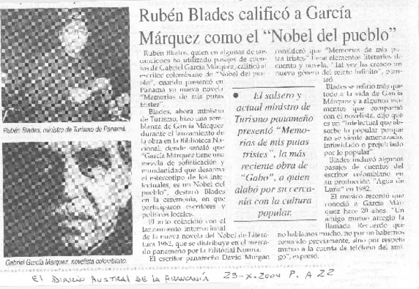 Rubén Blades calificó a García Márquez como el "Nobel del pueblo"  [artículo]
