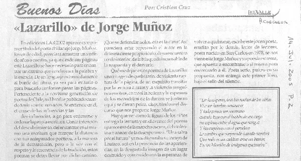 "Lazarillo" de Jorge Muñoz.  [artículo] Cristián Cruz