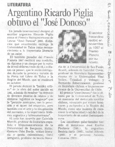 Argentino Ricardo Piglia obtuvo el "José Donoso".  [artículo]