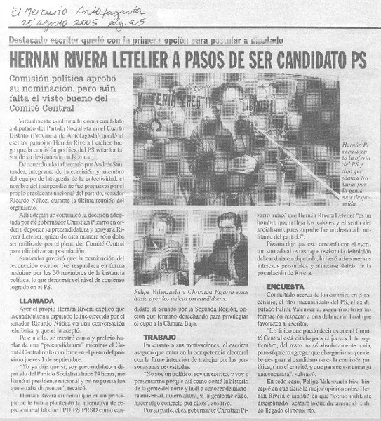 Hernán Rivera Letelier a pasos de ser candidato PS.  [artículo]