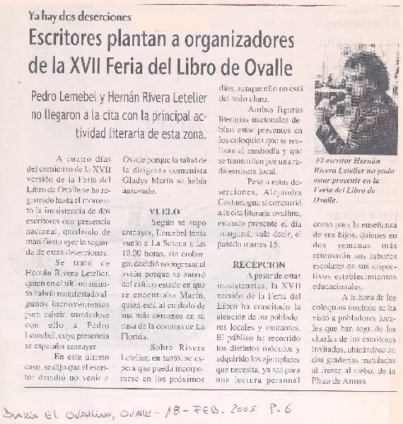 Ya hay dos deserciones : escritores plantan a organizadores de la XVII Feria del Libro de Ovalle [artículo]