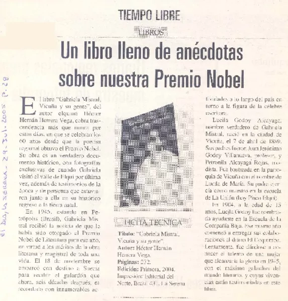 Tiempo libre : libros : un libro lleno de anécdotas sobre nuestra Premio Nobel [artículo]