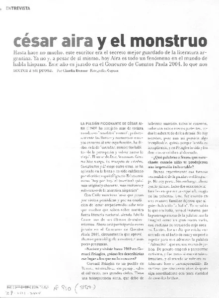 César Aira y el monstruo. (entrevistas) [artículo] Claudia Donoso