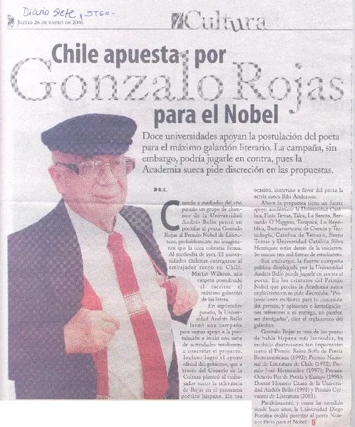 Chile apuesta por Gonzalo Rojas para el Nobel.  [artículo] R.C.