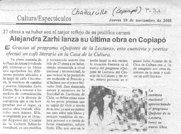 Alejandra Zarhi lanza su última obra en Copiapó.  [artículo]