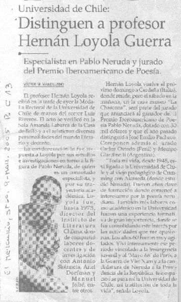 Distinguen a profesor Hernán Loyola Guerra  [artículo] Víctor M. Mandujano