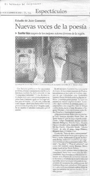 Estudio de Juan Cameron : nuevas voces de la poesía : escritor hizo mapeo de los mejores autores jóvenes de la región  [artículo].