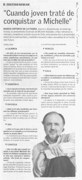 Cuando joven traté de conquistar a Michelle [entrevista] [artículo] Gabriel Pardo.