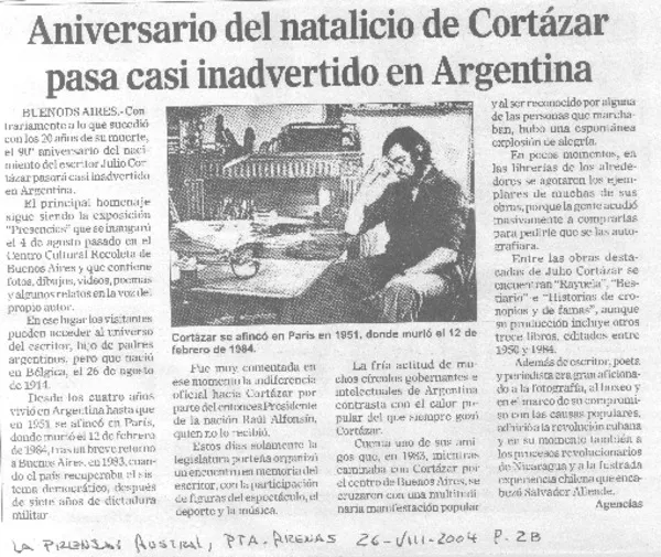 Aniversario del natalicio de Cortázar pasa casi inadvertido en Argentina  [artículo]