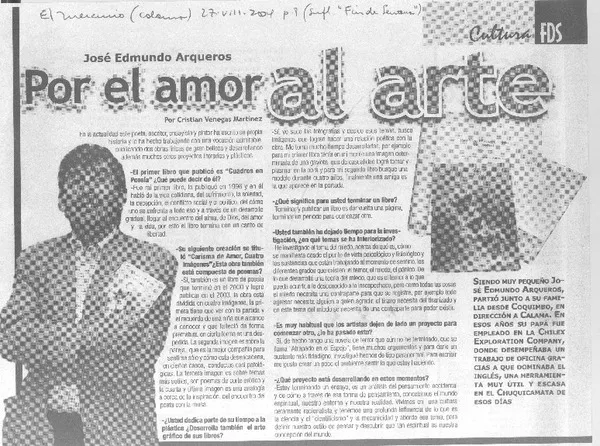 Por el amor al arte (entrevistas) [artículo]Cristián Venegas Martínez