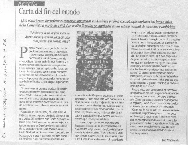 Carta del fin del mundo  [artículo]Tito Matamala.
