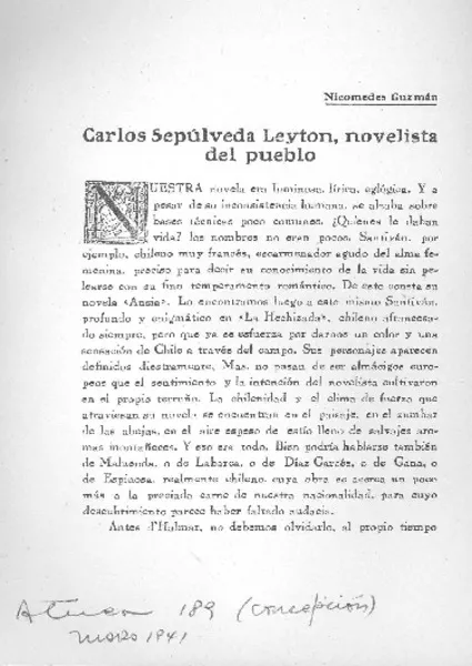 Carlos Sepúlveda Leyton, novelista del pueblo  [artículo] Nicomedes Guzmán.