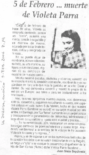5 de febrero... muerte de Violeta Parra  [artículo] Juan Meza Sepúlveda.