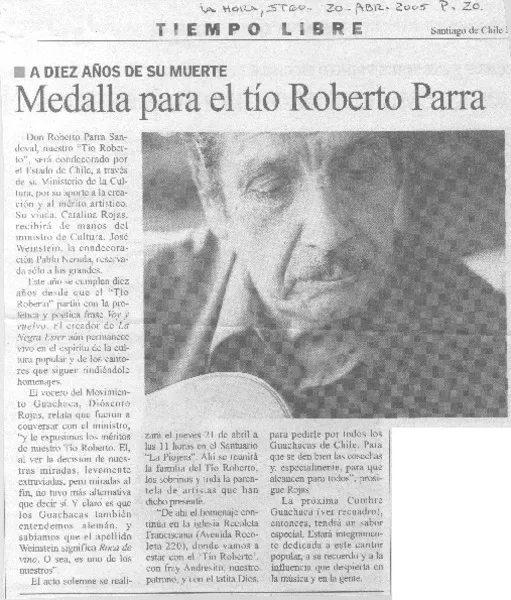 Medalla para el tío Roberto Parra  [artículo]