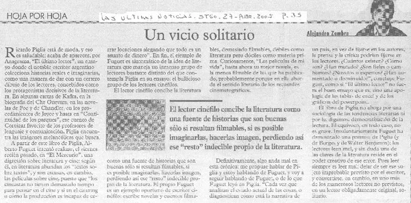 Un Vicio solitario  [artículo]Alejandro Zambra.