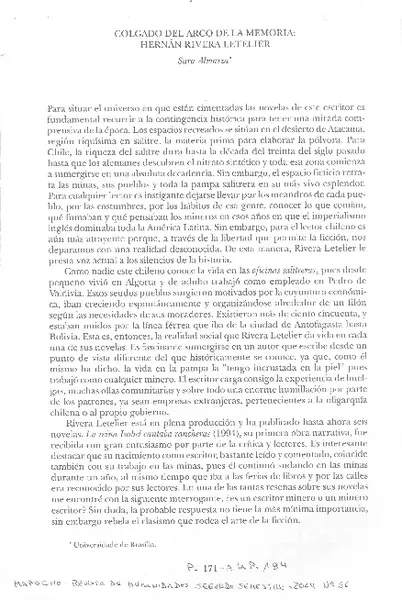 Colgado del arco de la memoria: Hernán Rivera Letelier  [artículo]Sara Almarza