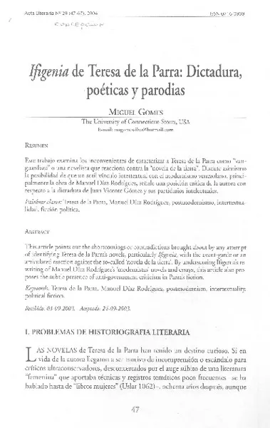 Ifigenia de Teresa de la Parra: dictadura, poéticas y parodias  [artículo]Miguel Gomes.