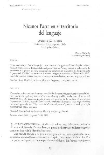 Nicanor Parra en el territorio del lenguaje  [artículo]Andrés Gallardo.