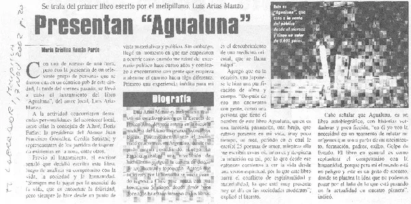 Presentan "Agualuna"  [artículo] María Cristona Román Pardo.