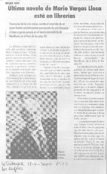 Ultima novela de Mario Vargas Llosa está en librerías  [artículo]