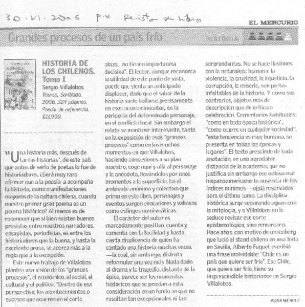 Historia de los chilenos, tomo 1  [artículo] Adán méndez.