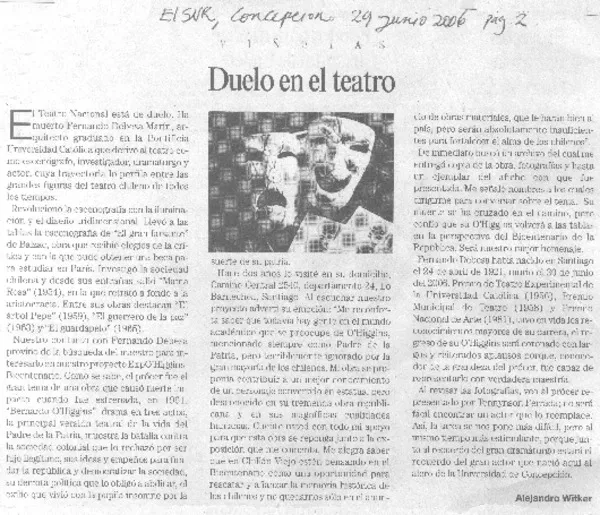 Duelo en el teatro  [artículo] Alejandro Witkers.