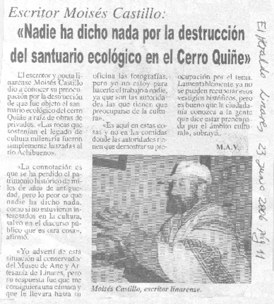 Escritor Moisés Castillo : "Nadie ha dicho nada por la destruccción del santuario ecológico en el Cerro Quiñe"  [artículo]