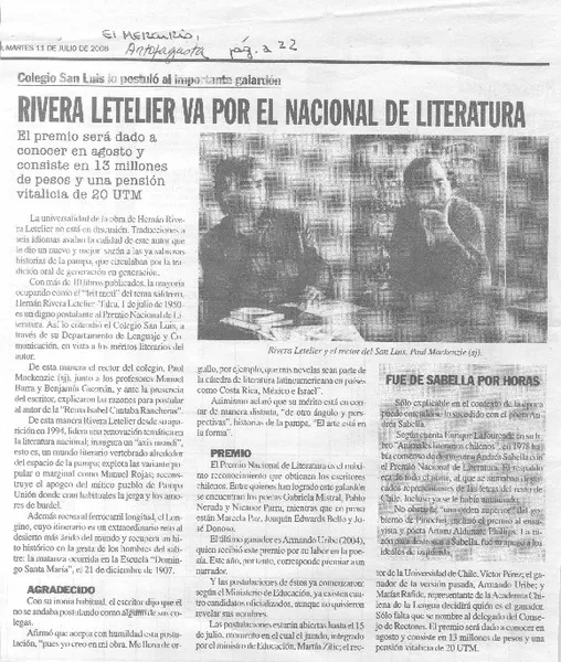 Rivera Letelier va por el Nacional de Literatura  [artículo]