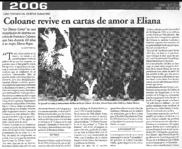 Coloane revive en cartas de amor a Eliana  [artículo] Ulises San Martín Vera.