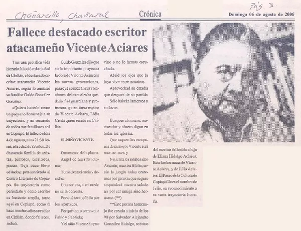 Fallece destacado escritor atacameño Vicente Aciares  [artículo]