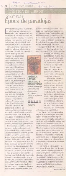 Crítica de libros : época de paradojas [artículo] Roberto Hozven.