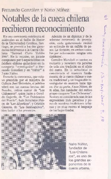 Fernando González y Nano Núñez : notables de la cueca chilena recibieron reconocimiento [artículo]