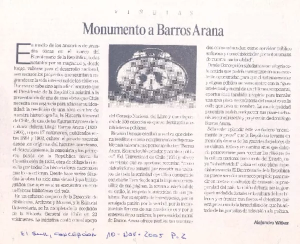 Monumento a Barros Arana  [artículo] Alejandro Witker.
