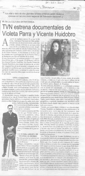 TVN estrena documentales de Violeta Parra y Vicente Huidobro  [artículo]