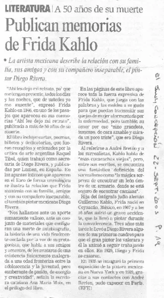 Publican memorias de Frida Kahlo  [artículo].