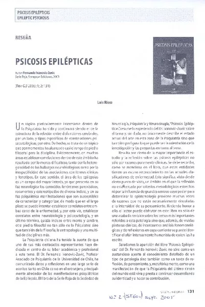 Reseña : psicosis epilépticas ; autor, Fernando Ivanovic-Zuvic [artículo] Luis Risco.