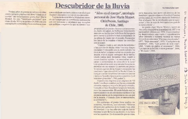 Descubridor de la lluvia  [artículo]Marino Muñoz Lagos.