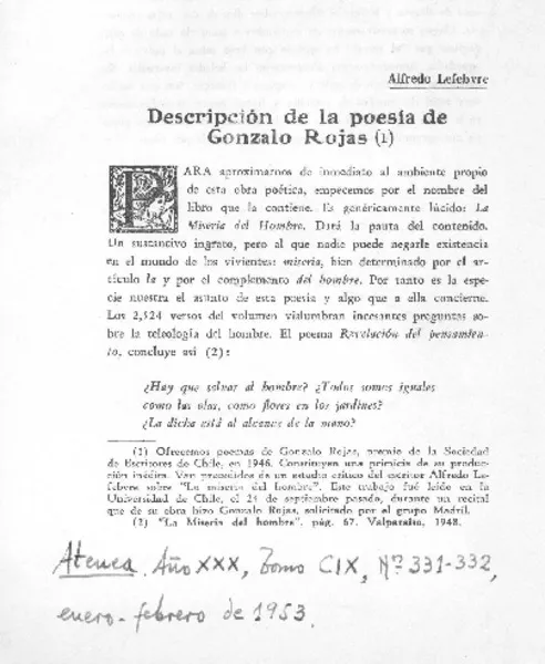 Descripción de la poesía de Gonzalo Rojas  [artículo] Alfredo Lefebvre.