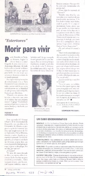 Morir para vivir (entrevista)  [artículo] Leopoldo Pulgar I.