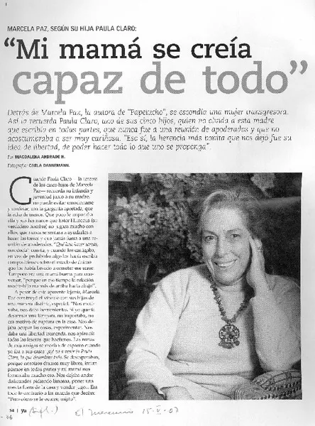 "Mi mamá se creía capaz de todo" (entrevista)  [artículo] Magdalena Andrade N.