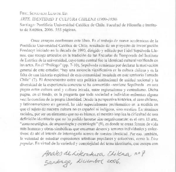 Arte, identidad y cultura chilena (1900-1930)  [artículo]Roberto Onell H.