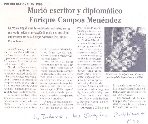 Murió escritor y diplomático Enrique Campos Menéndez  [artículo].