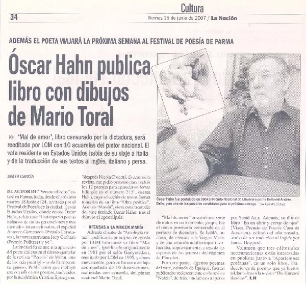Oscar Hahn publica libro con dibujos de Mario Toral  [artículo]Javier García.