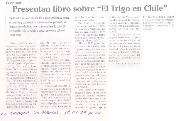 Presentan libro sobre "El trigo en Chile"  [artículo].