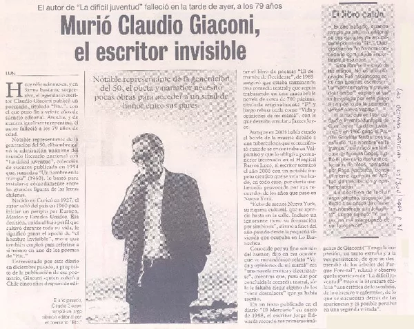 Muriò Claudio Giaconi, el escritor invisible  [artículo].