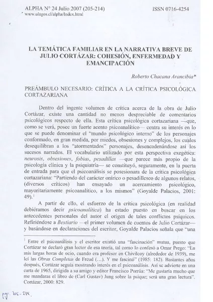 La temática familiar en la narrativa breve de Julio Cortázar  [artículo] roberto Chacana Arancibia.