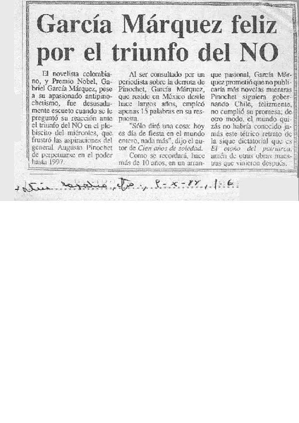 García Márquez feliz por el triunfo del NO  [artículo].