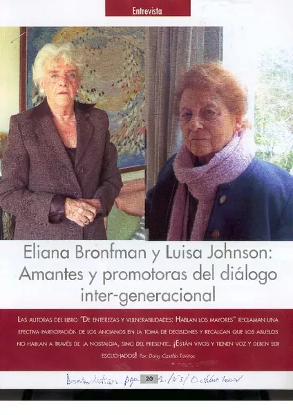 Eliana Bronfman y Luisa Johnson: Amantes y promotoras del diálogo inter-generacional  [artículo] Daisy Castillo Triviños.